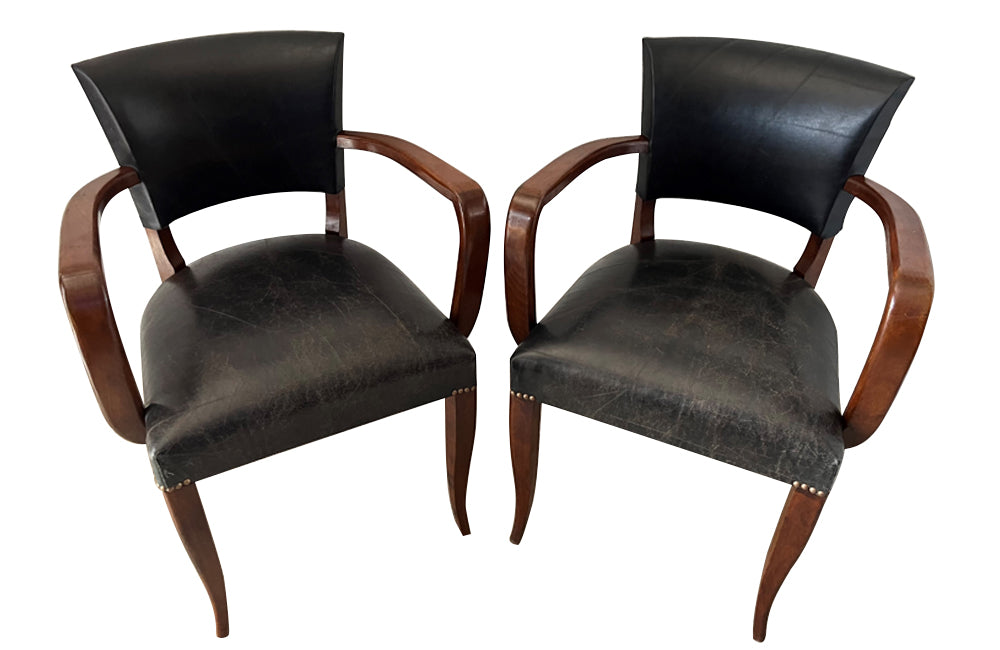 Pair of vintage bridge chairs upholstered in lovely soft black vintage leather