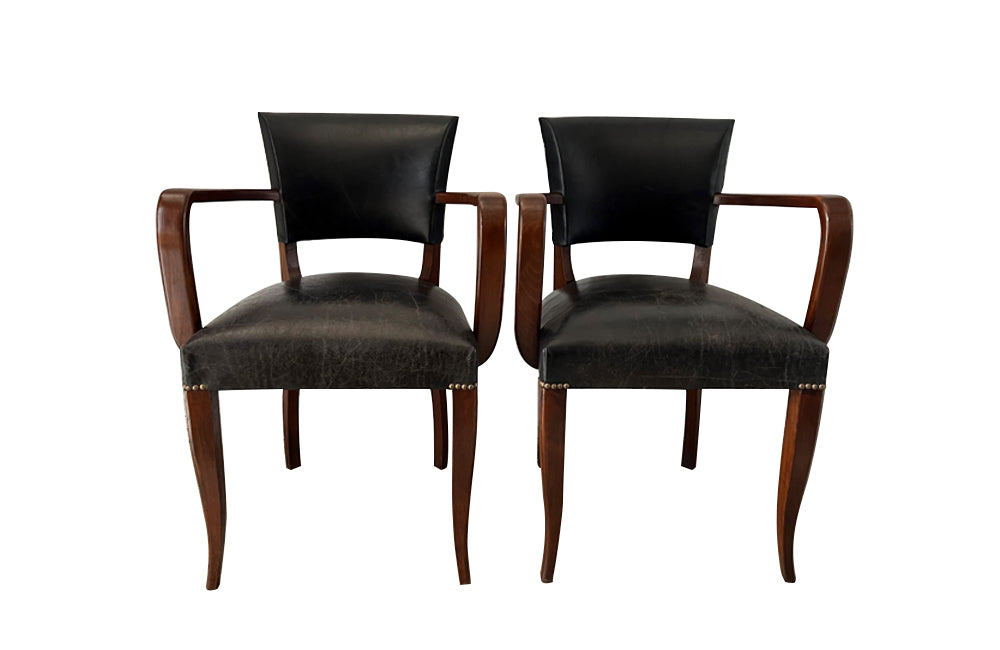 Pair of vintage bridge chairs upholstered in lovely soft black vintage leather