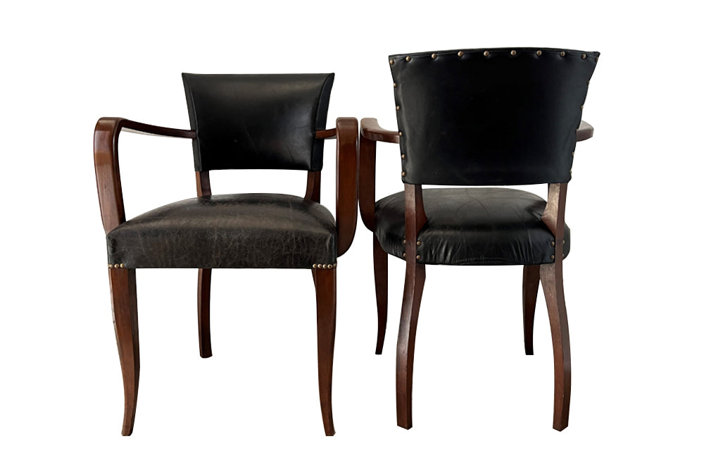 Pair of vintage bridge chairs upholstered in lovely soft black vintage leather
