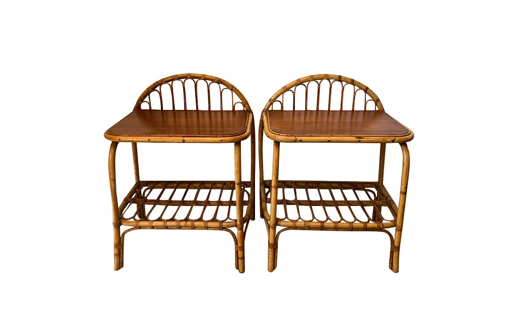 Pair of Mid-Century cane and rattan nightstands in the manner of Louis Sognot - French Mid Century Furniture - AD & PS Antiques