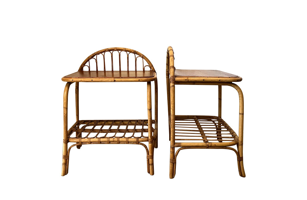 Pair of Mid-Century cane and rattan nightstands in the manner of Louis Sognot - French Mid Century Furniture - AD & PS Antiques