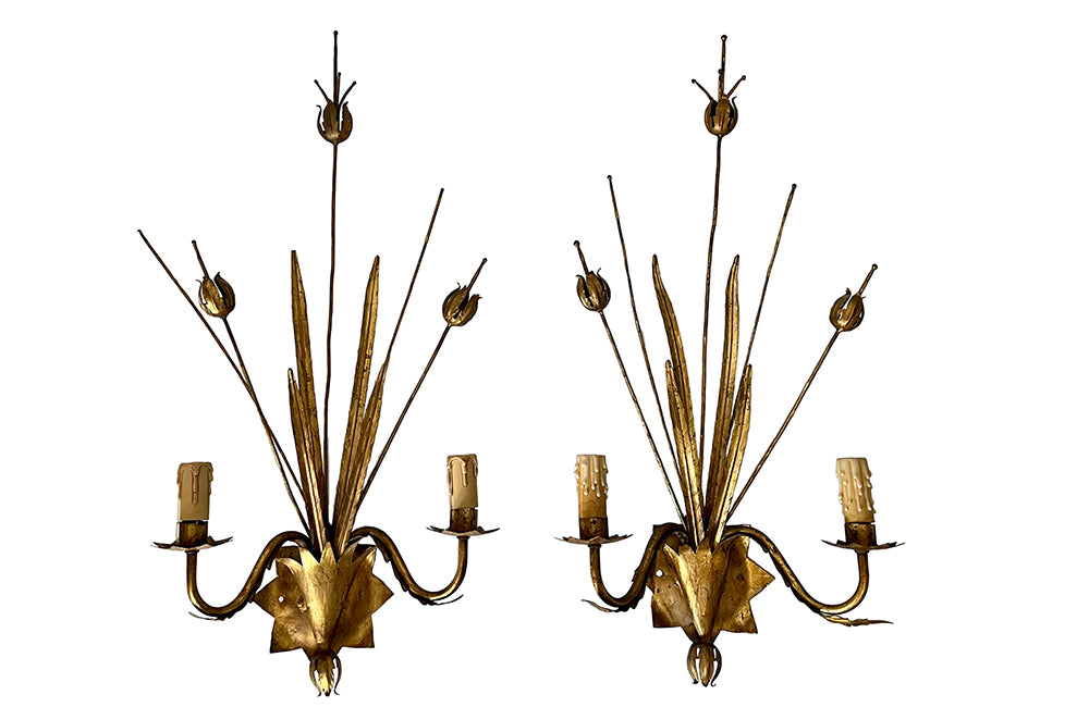 pair of giltmetal bulrush appliques wall lights circa 1970