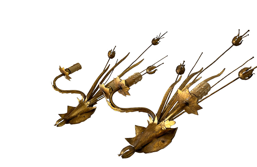 pair of giltmetal bulrush appliques wall lights circa 1970
