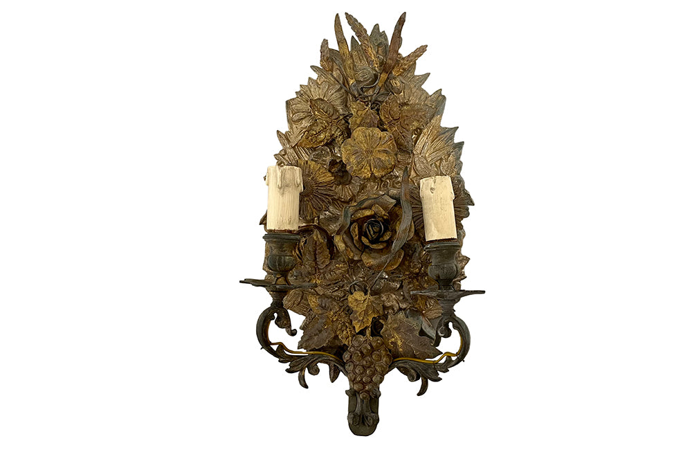 Pretty pair of French tole and pressed brass two branched wall lights decorated with flowers, ivy, grapes and wheat.