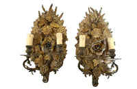 Pretty pair of French tole and pressed brass two branched wall lights decorated with flowers, ivy, grapes and wheat.
