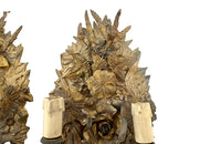 Pretty pair of French tole and pressed brass two branched wall lights decorated with flowers, ivy, grapes and wheat.
