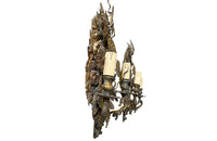 Pretty pair of French tole and pressed brass two branched wall lights decorated with flowers, ivy, grapes and wheat.