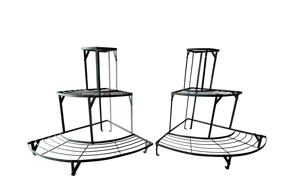 Pair of French, painted, iron, corner mid century plant stands with three tiers.