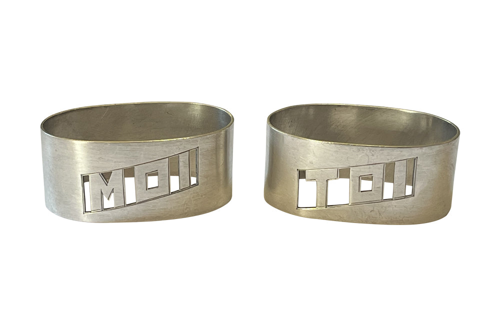 Pair of stylish, silver plate, Me and You, napkin holders from the Art Deco period.