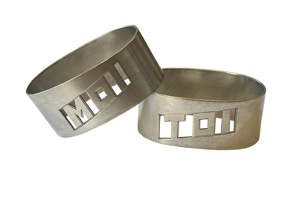 Pair of stylish, silver plate, Me and You, napkin holders from the Art Deco period.