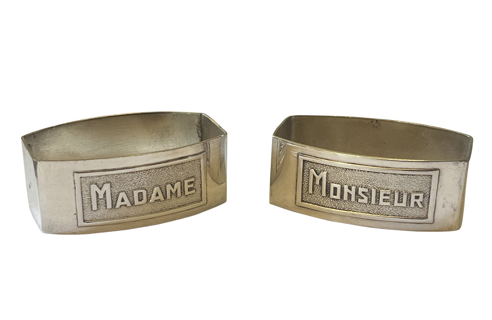 Art Deco napkin rings silver plate, Mr and Mrs - Madame & Monsieur - French Antiques