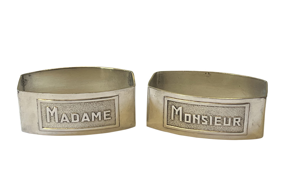 Art Deco napkin rings silver plate, Mr and Mrs - Madame & Monsieur - French Antiques