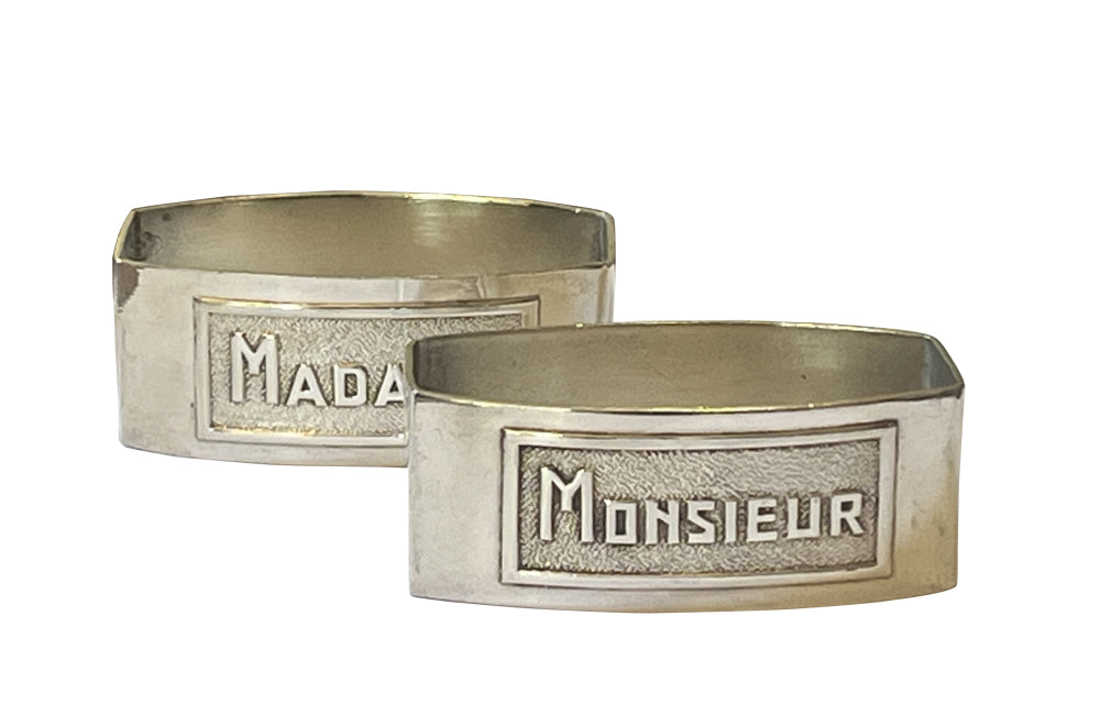 Art Deco napkin rings silver plate, Mr and Mrs - Madame & Monsieur - French Antiques