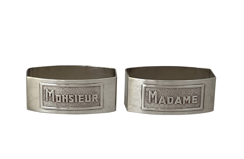 Pair of stylish, silver plate, Madame & Monsieur napkin holders from the Art Deco period. 