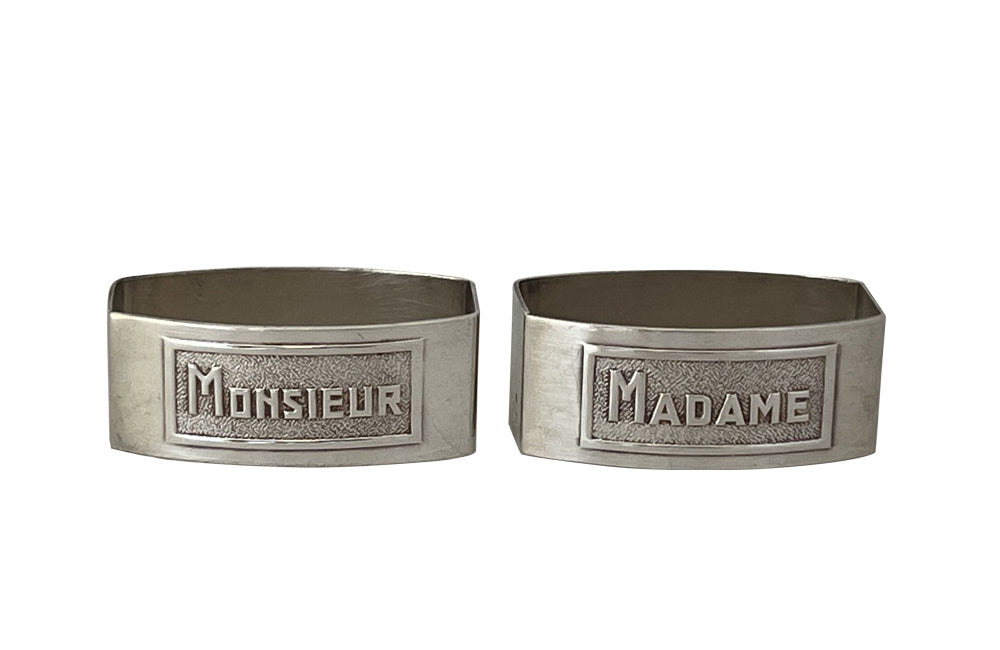 Pair of stylish, silver plate, Madame & Monsieur napkin holders from the Art Deco period.