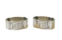 Pair of stylish, hammered, silver plate, Me and You, napkin holders from the Art Deco period.