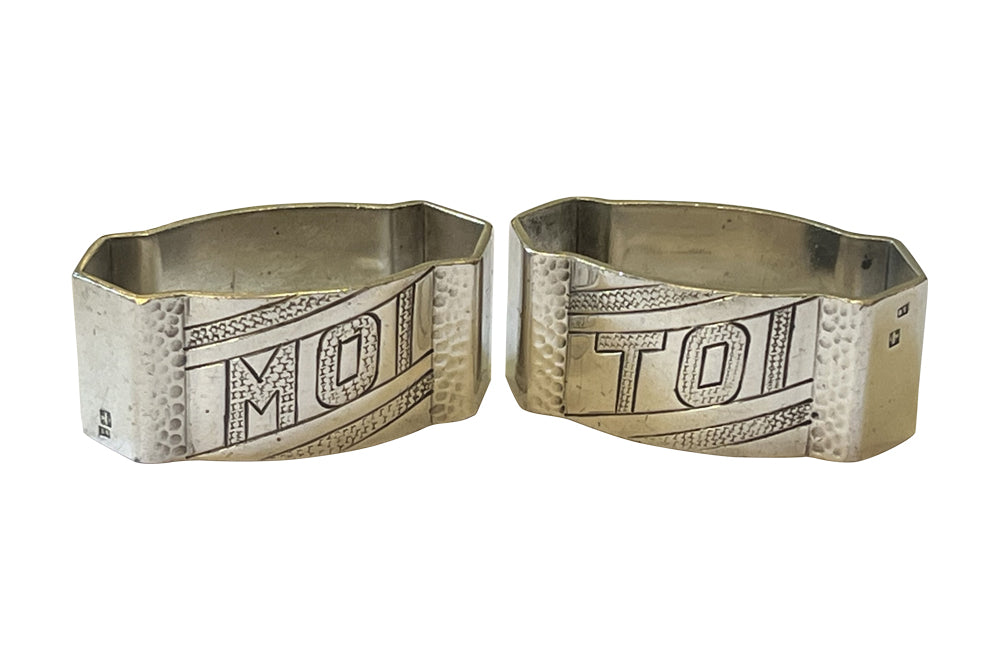 Pair of stylish, hammered, silver plate, Me and You, napkin holders from the Art Deco period.