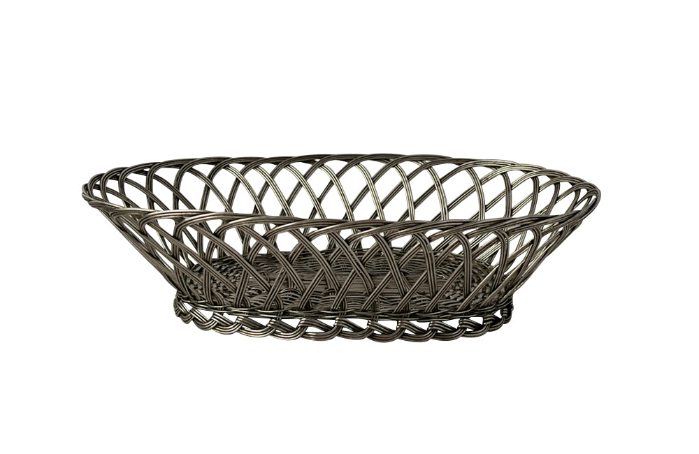 Pair French silver plate woven bread basket in oval form.