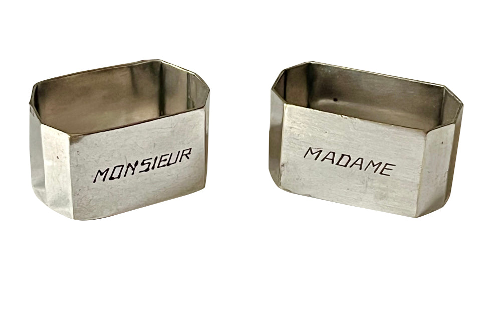 Pair of Mid Century French elegant silver plated 'Mr and Mrs' Madame and Monsieur napkin rings