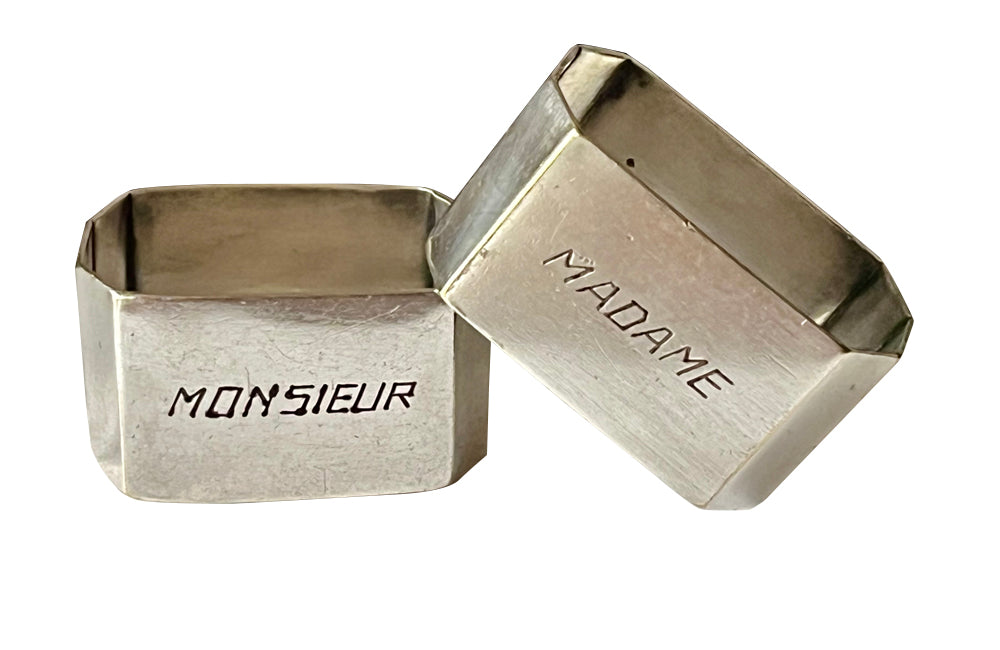 Pair of Mid Century French elegant silver plated 'Mr and Mrs' Madame and Monsieur napkin rings