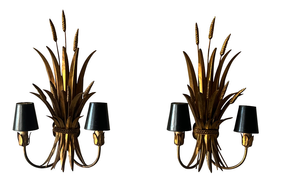 Exceptional pair of large wheat sheaf wall sconce lights