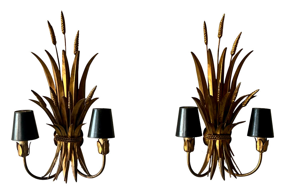 Exceptional pair of large wheat sheaf wall sconce lights