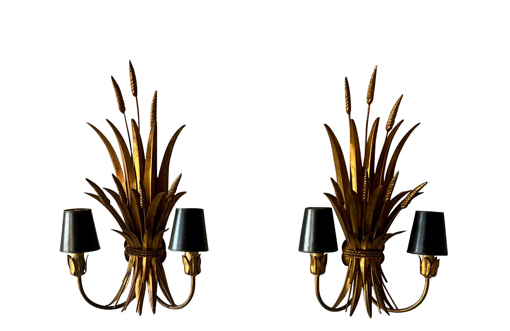 Exceptional pair of large wheat sheaf wall sconce lights