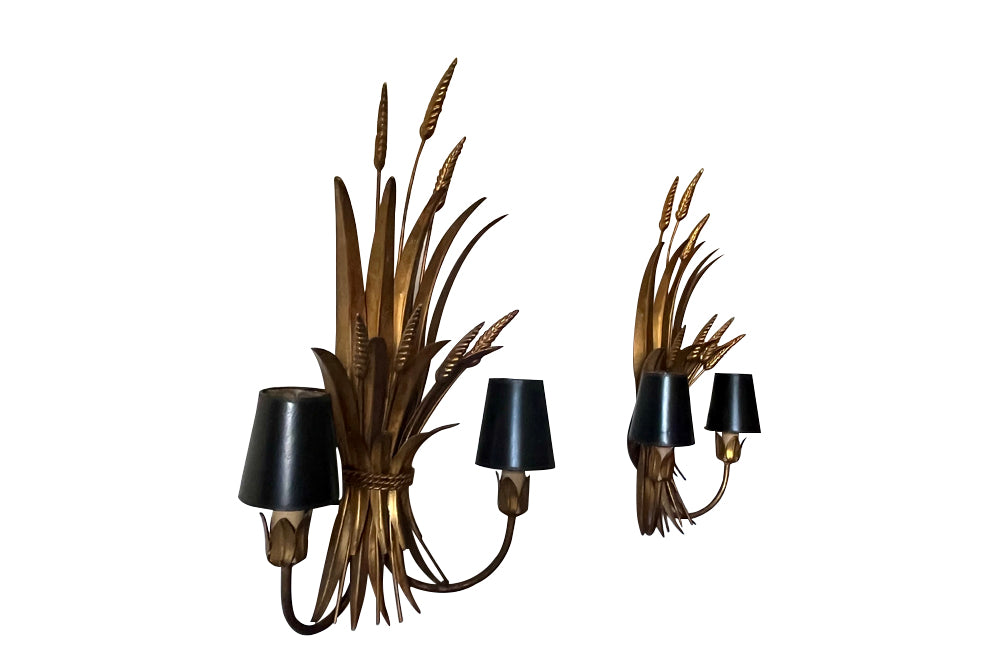 Exceptional pair of large wheat sheaf wall sconce lights
