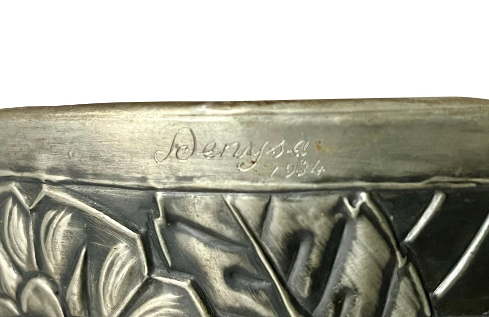 Wonderfully decorative pewter champagne bucket with handle and matching tray signed Denyse 1934