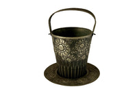 Wonderfully decorative pewter champagne bucket with handle and matching tray signed Denyse 1934