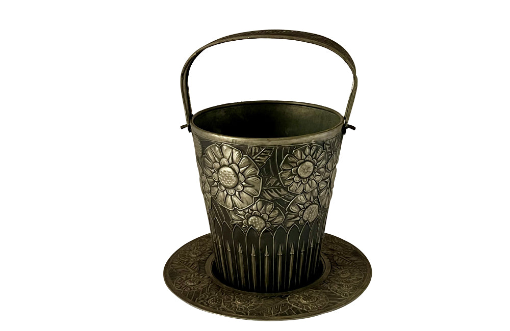 Wonderfully decorative pewter champagne bucket with handle and matching tray signed Denyse 1934