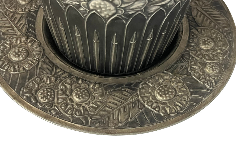 Wonderfully decorative pewter champagne bucket with handle and matching tray signed Denyse 1934