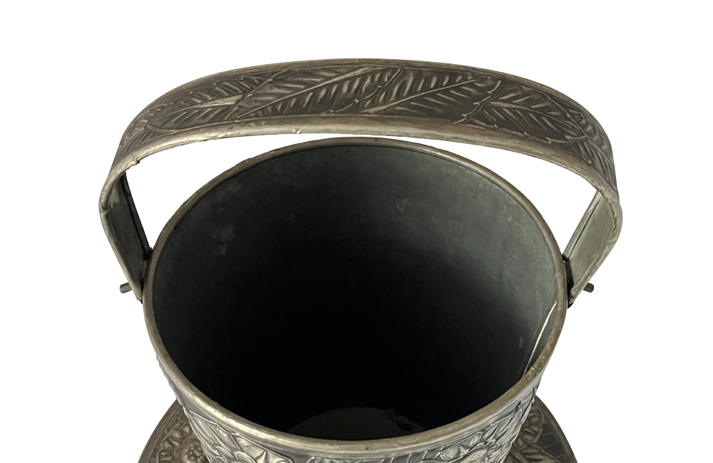 Wonderfully decorative pewter champagne bucket with handle and matching tray signed Denyse 1934