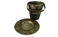 Wonderfully decorative pewter champagne bucket with handle and matching tray signed Denyse 1934