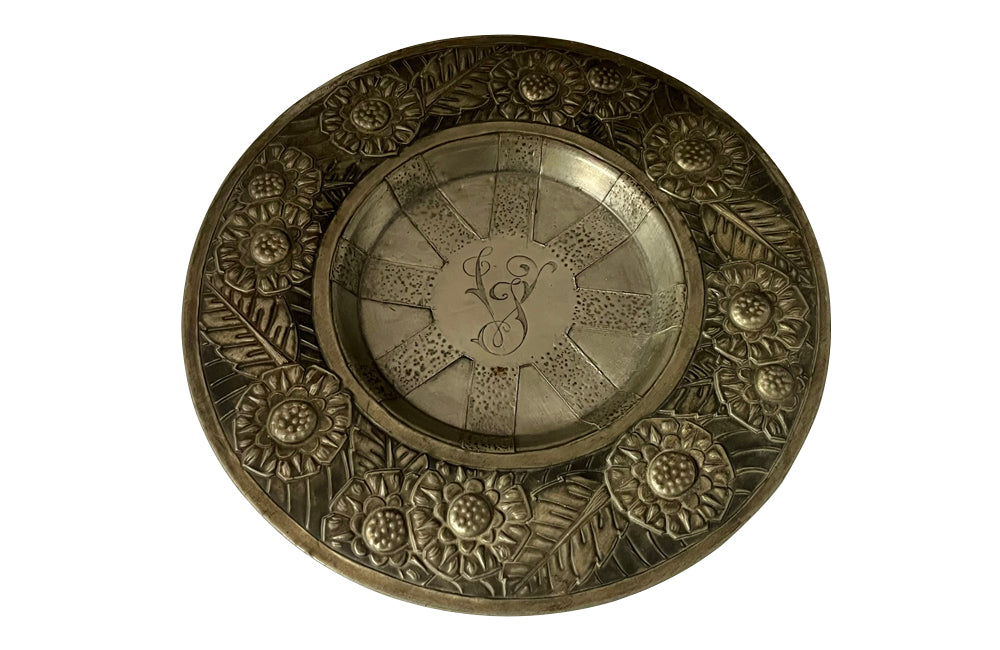 Wonderfully decorative pewter champagne bucket with handle and matching tray signed Denyse 1934