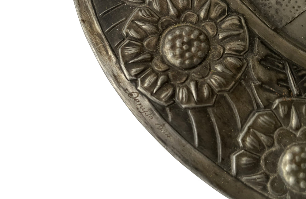 Wonderfully decorative pewter champagne bucket with handle and matching tray signed Denyse 1934