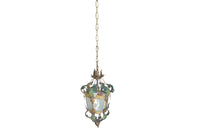 Pretty, early 20th century Italian polychrome hanging lantern with tole floral and foliate ornamentation and opaque glass panels