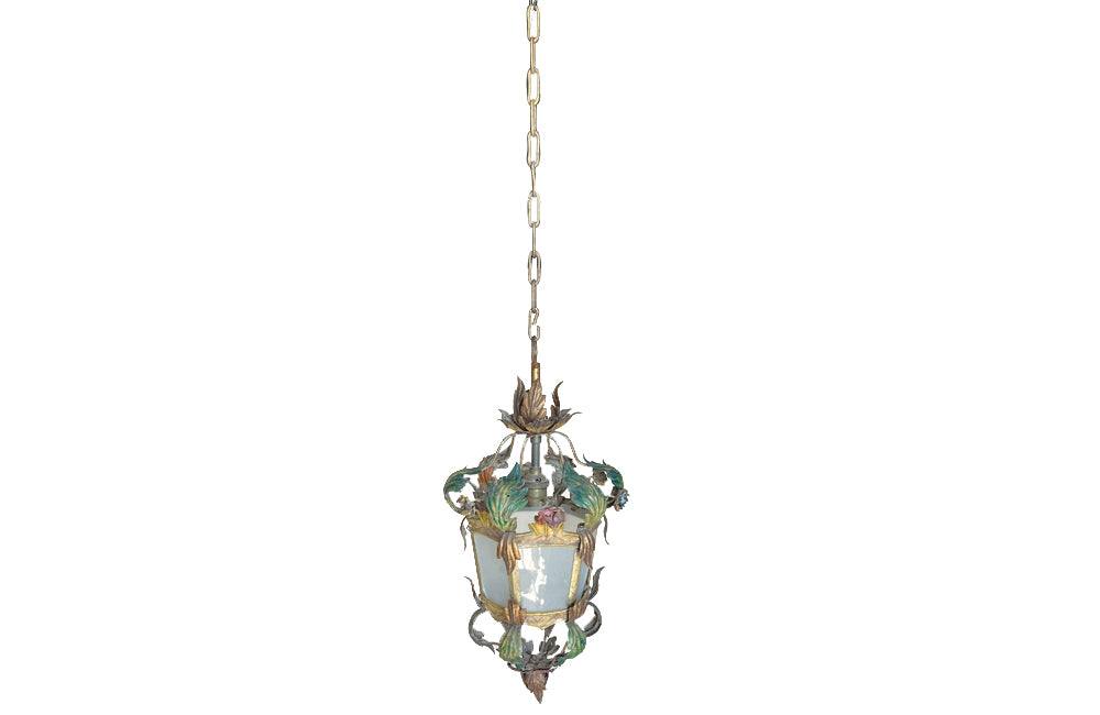Pretty, early 20th century Italian polychrome hanging lantern with tole floral and foliate ornamentation and opaque glass panels