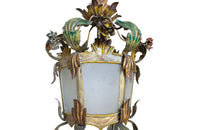Pretty, early 20th century Italian polychrome hanging lantern with tole floral and foliate ornamentation and opaque glass panels
