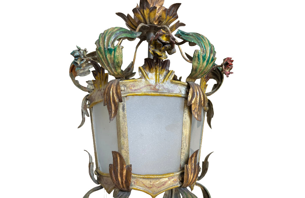 Pretty, early 20th century Italian polychrome hanging lantern with tole floral and foliate ornamentation and opaque glass panels