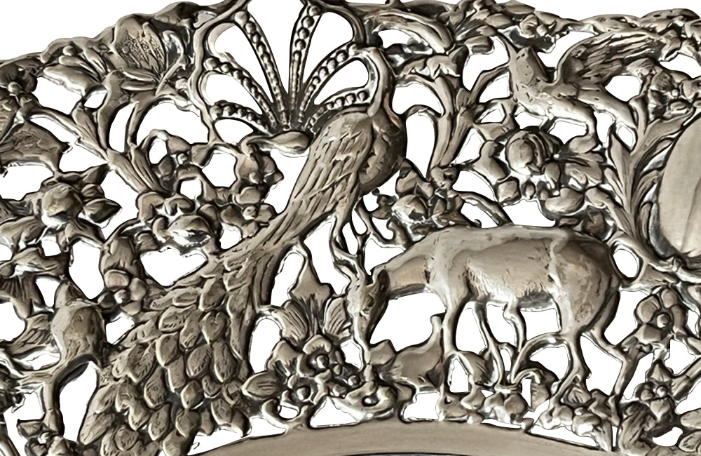 Beautiful mid 20th century large silver plate pierced decorative round tray dish.