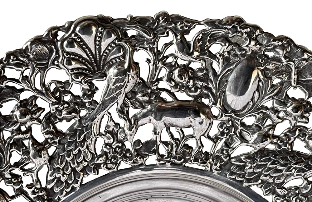 Beautiful mid 20th century large silver plate pierced decorative round tray dish.