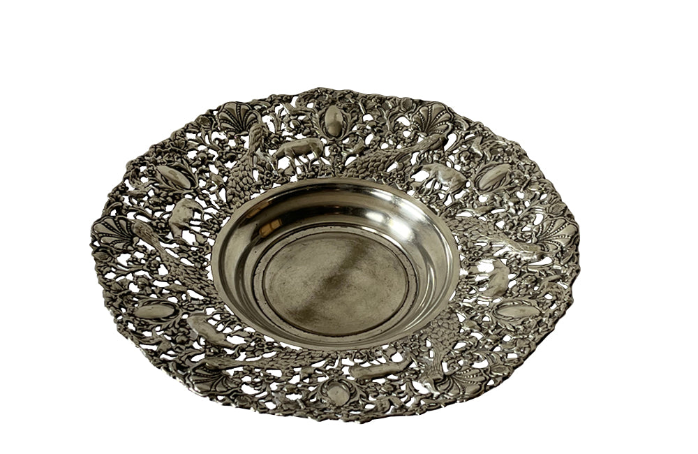 Beautiful mid 20th century large silver plate pierced decorative round tray dish.