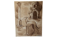 Large, Italian painting in sepia of a greyhound dog.