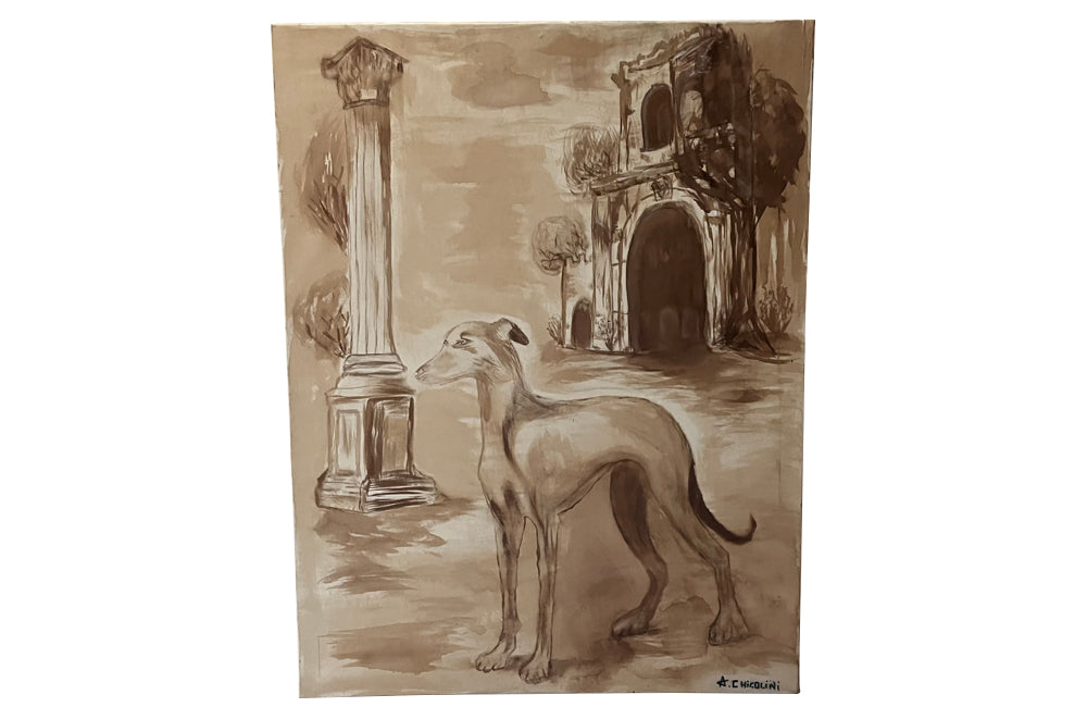 Large, Italian painting in sepia of a greyhound dog.
