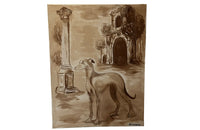 Large, Italian painting in sepia of a greyhound dog.