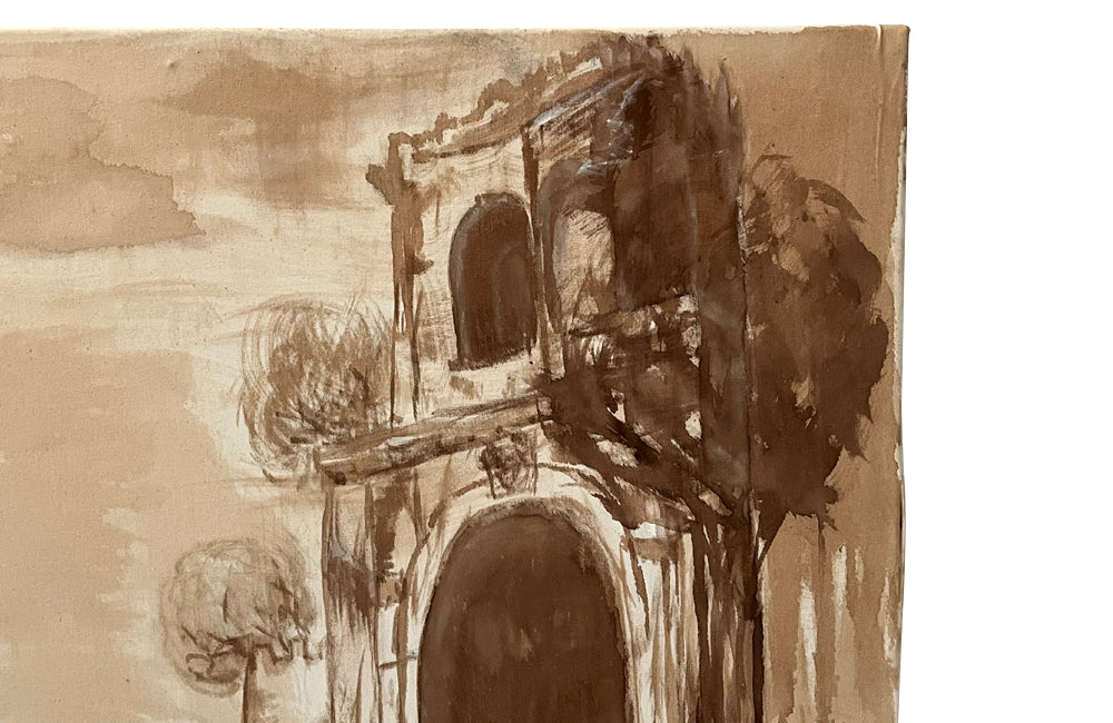 Large, Italian painting in sepia of a greyhound dog.