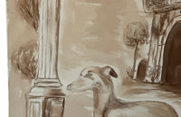 Large, Italian painting in sepia of a greyhound dog.