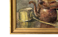 Late 19th Century French giltwood framed kitchen still life painting of a copper kettle with a lidded brass long-handled saucepan and beaker - French Antiques - AD & PS Antiques