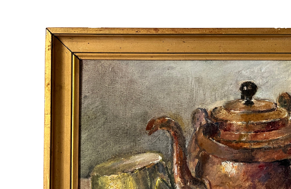 Late 19th Century French giltwood framed kitchen still life painting of a copper kettle with a lidded brass long-handled saucepan and beaker - French Antiques - AD & PS Antiques